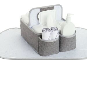 Gray diaper caddy with Dispenser and Storage.